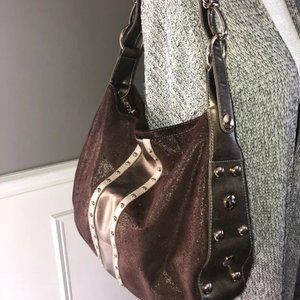 Kathy van Zeeland Shoulder Hand Bag Purse Gold faux suede brown Glam slouch hobo